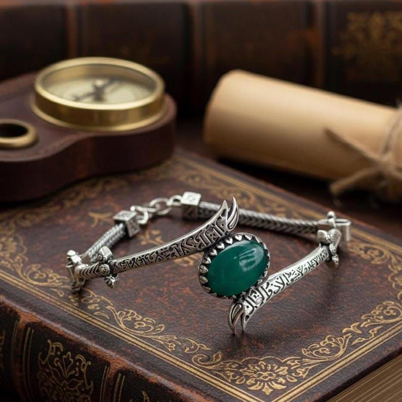 Moula Ali (AS) Green Stone Double Zulfiqar Bracelet