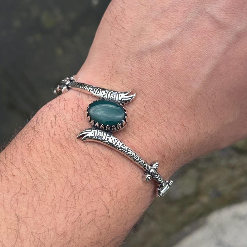 Moula Ali (AS) Green Stone Double Zulfiqar Bracelet