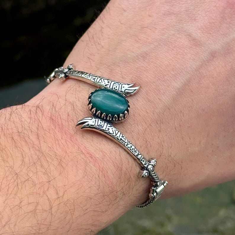 Moula Ali (AS) Green Stone Double Zulfiqar Bracelet